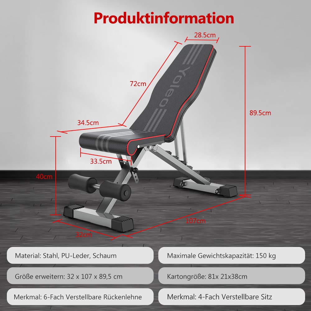 YOLEO folding weight bench Multifunction Training Fitness Bench Abdominal Trainer Incline Bench with 6-position Adjustable Backrest/3-position Adjustable Seat Cushion, Load Capacity 300kg (Elegant Black-Red)