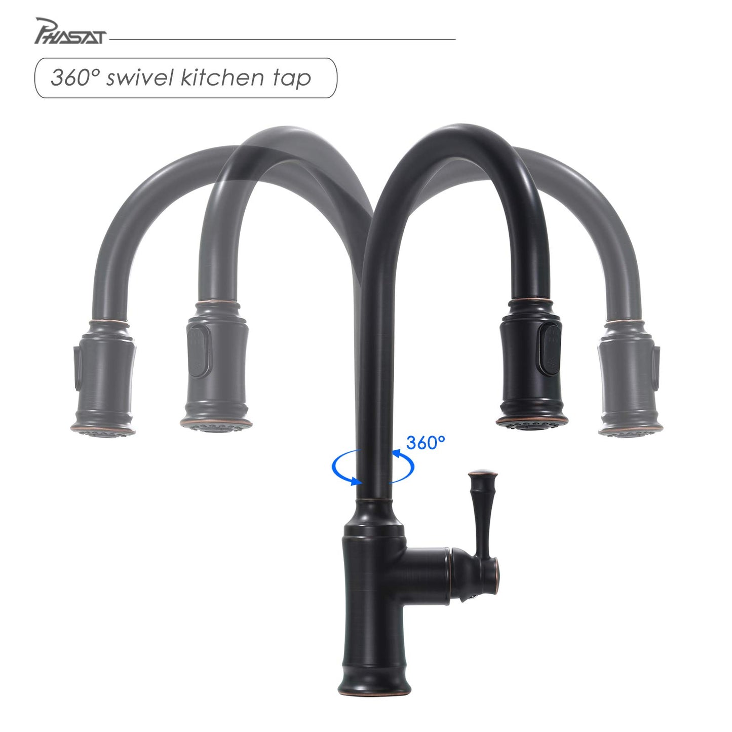 PHASAT Kitchen Faucet Pull Out Sprayer Sink Faucet with 360° Swivel 2 Functions for Kitchen, Oil Rubbed Bronze KZ06