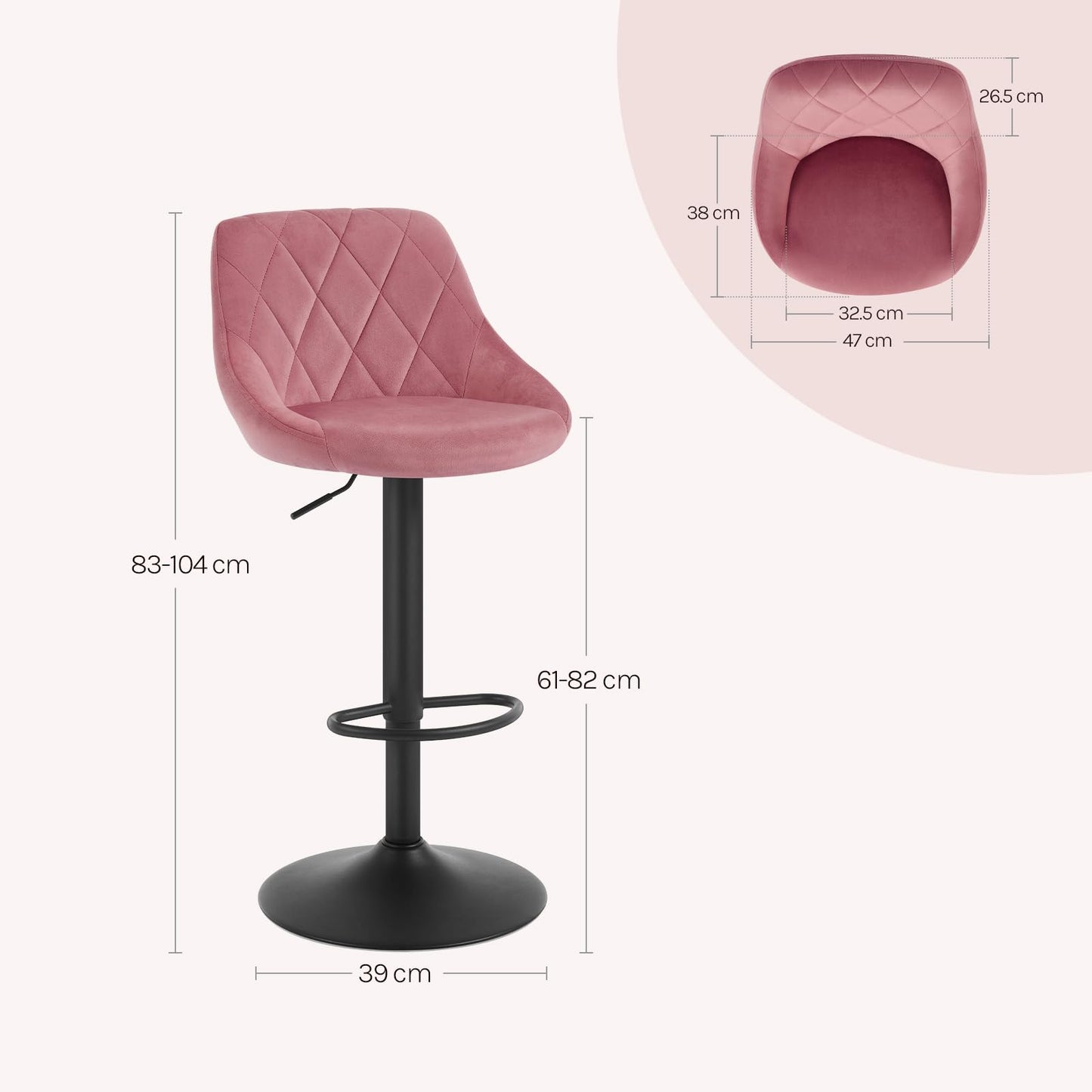 WOLTU Set of 2 Bar Stools, Bar Chairs with Backrest, Height Adjustable Swivel, Padded Velvet Seat, Non-Slip Metal Base, for Kitchen Home Bar, Pink