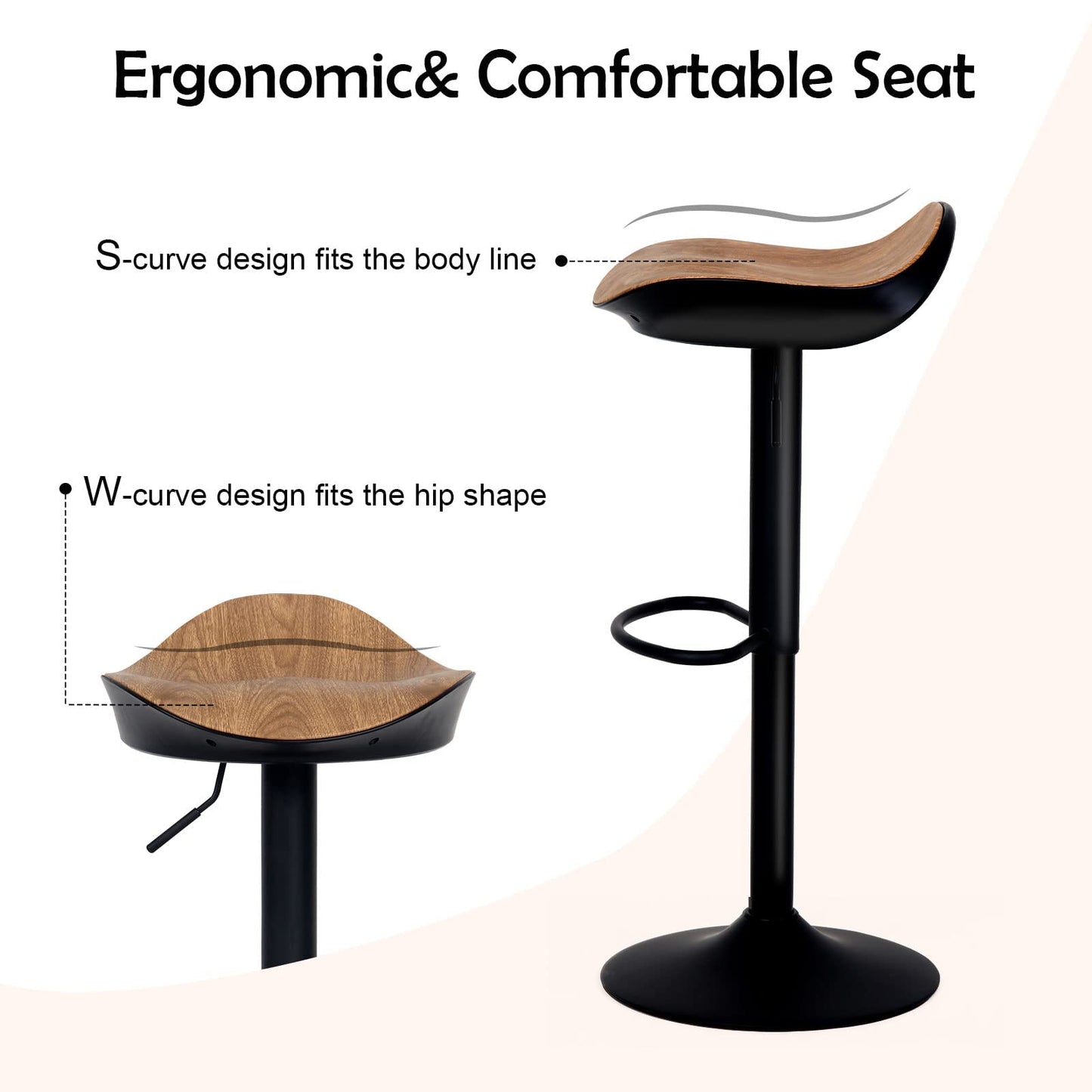 Kidol & Shellder Bar Stool Set of 2 360° Swivel and Height Adjustable Modern Kitchen Counter Hydraulic Armless Wood Grain...