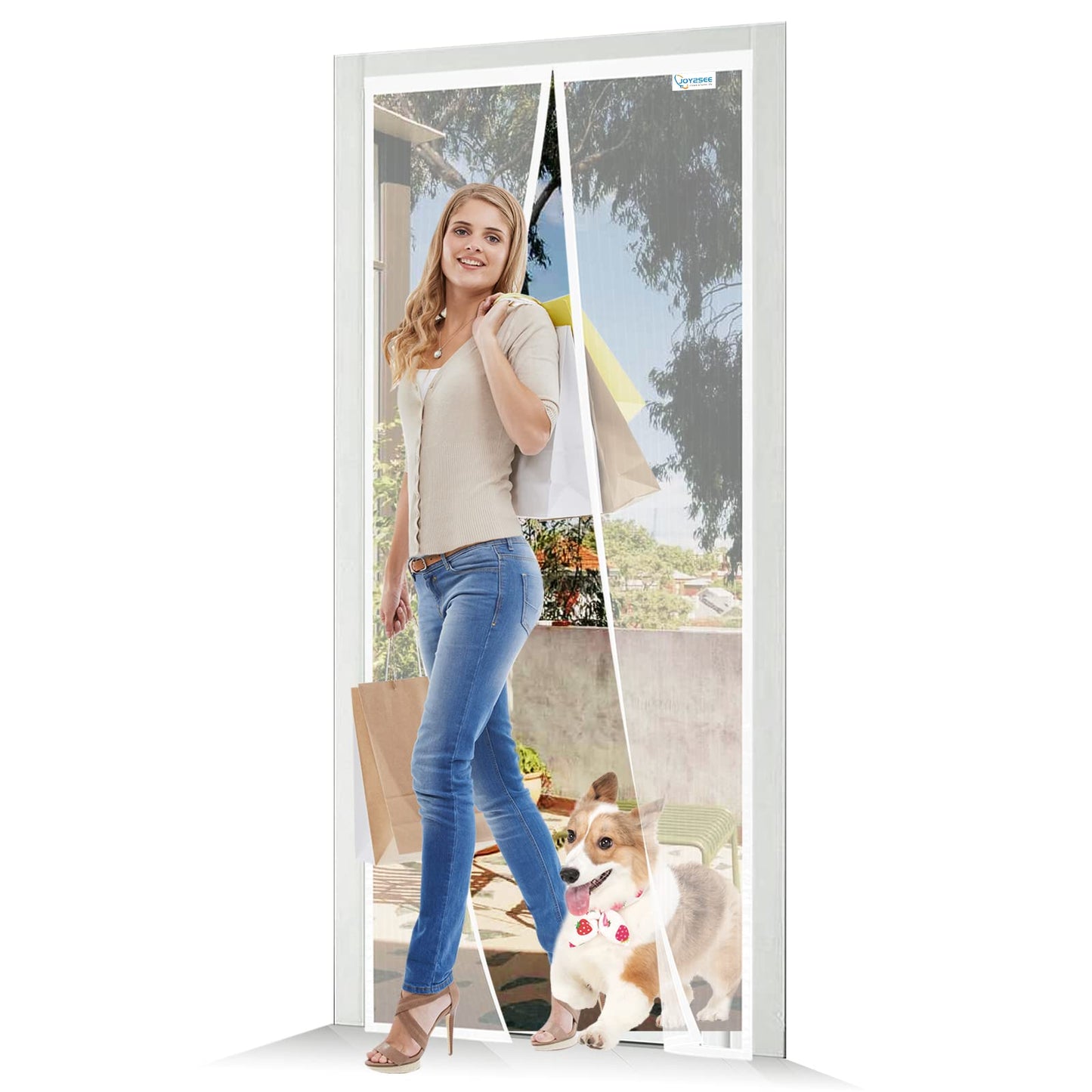 JOY2SEE Magnetic Fly Screen Door 71x87in, Updated Version Mesh Door, White Magnetic Curtain Insect Protection, No Drilling