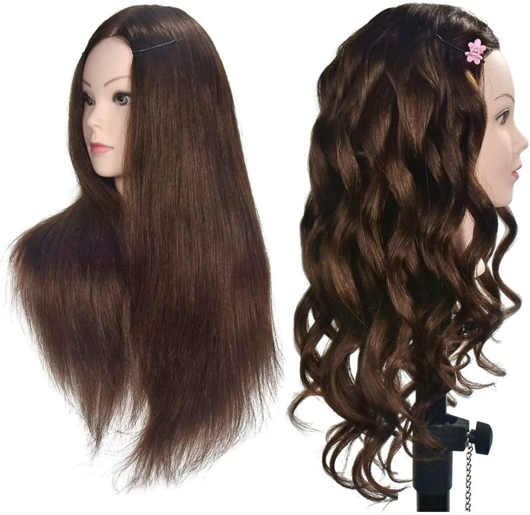 Practice head with 100% real hair, for professional styling, hairstyling, makeup practice doll, with screw clamp.
