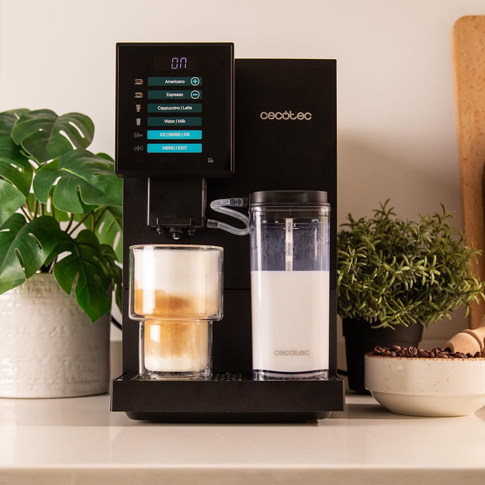 Cecotec Superautomatic Espresso Machine Cremmaet Compactccino Black, 19 Bar, Thermoblock System, fresh ground beans with Plug&Play, 150g coffee bean tank grinder, 1.1L water tank, 400ml milk.