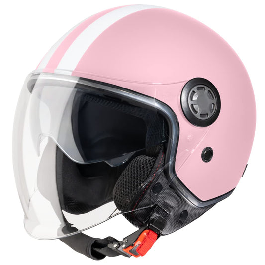 VINZ Parchi Jet Helmet with Double Visor | Scooter Helmet Fashion Helmet with Stripes | Available in sizes XS-XXL | Jet Helmet with Sun Visor | ECE 22.06 Certified | Motorcycle Helmet with Visor - Pink