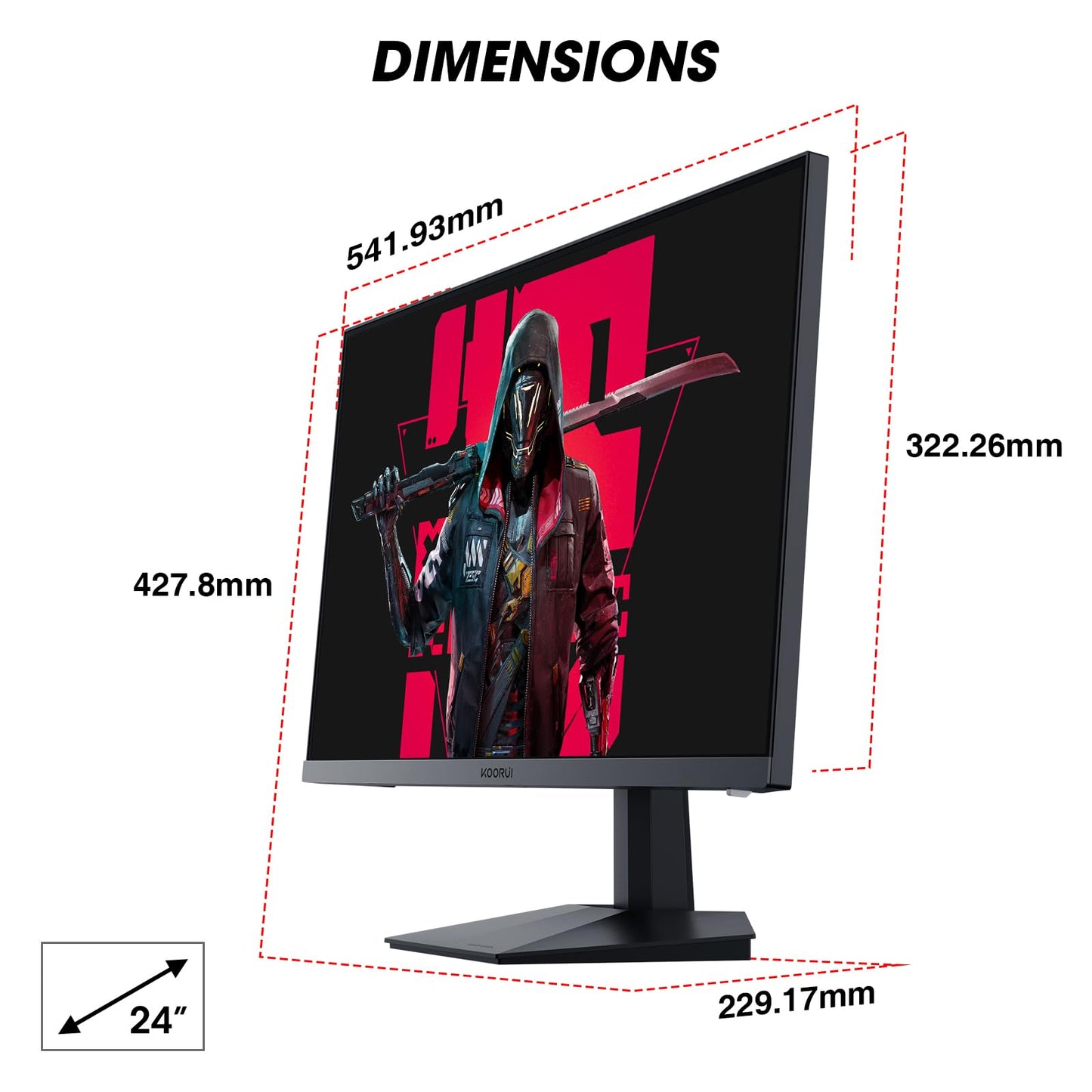 KOORUI 24-inch gaming monitor 165Hz, IPS, 1080p, 1ms, compatible with Adaptive-Sync G-Sync, frameless, HDMI, DisplayPort, tilt adjustable, eye care, VESA wall mount, black