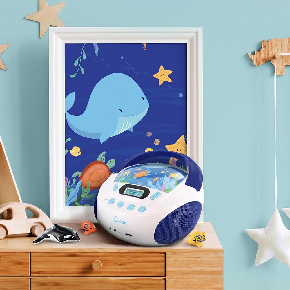 mooov 477170 CD player for kids with speakers, USB, headphone jack, AUX-IN port - boombox CD player portable - mains powered or batteries - Ocean model - blue/white