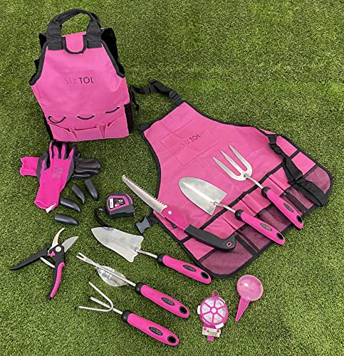 SIXTOL Garden PINK 12 garden tool set | 12 PCS garden accessories made of stainless steel | Garden apron as a gift for women | For gardeners | Garden tools with storage bag | Flower scissors, garden claw