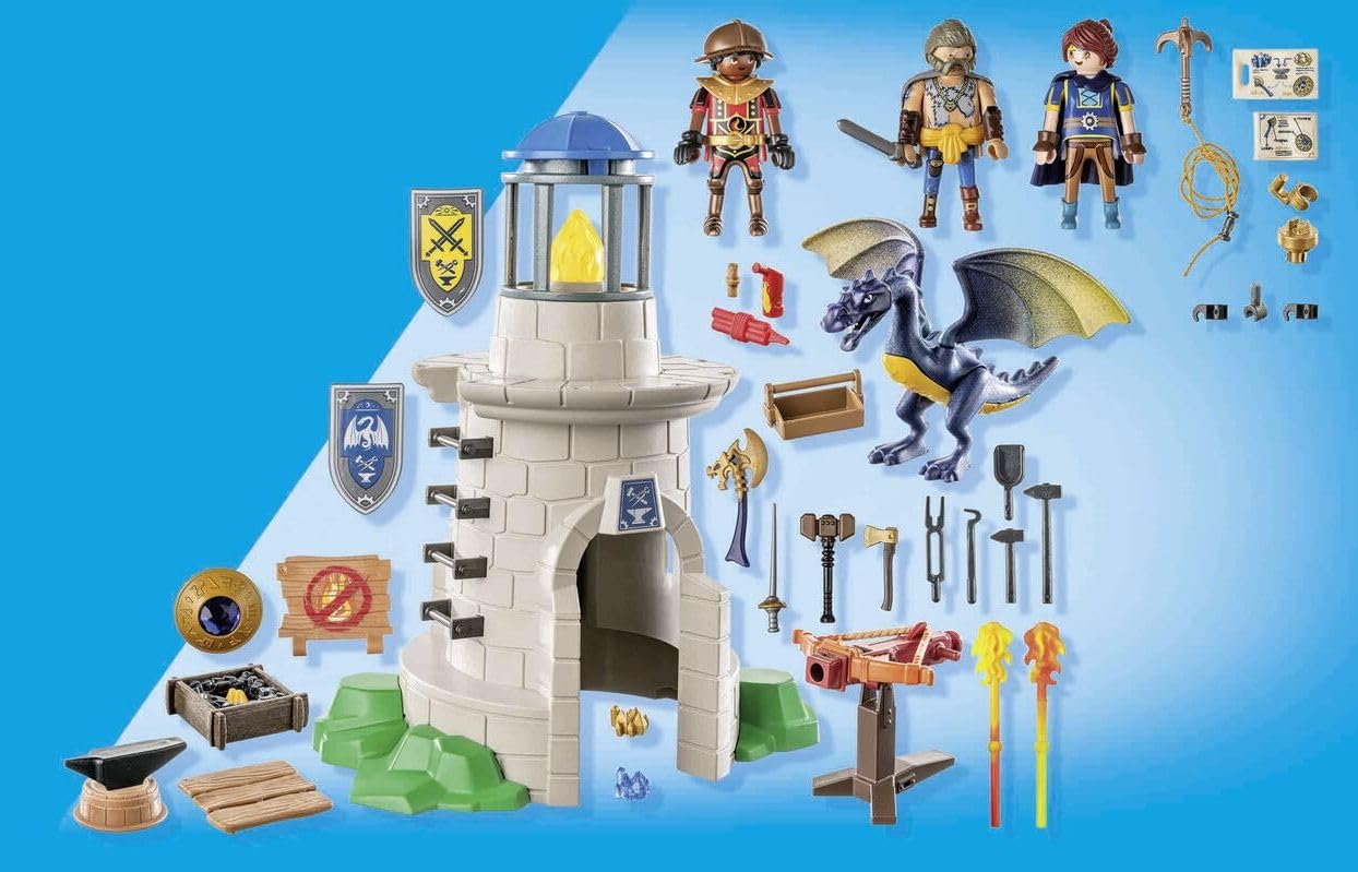 PLAYMOBIL Novelmore 71483 Knight's Tower with Blacksmith and Dragon, exciting battle between the Novelmore Knights and Burnham Raiders, detailed toy for kids aged 4 and up.