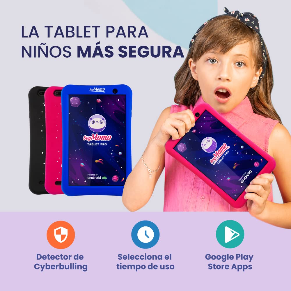 SoyMomo - Children's tablet - Parental control and cyberbullying detection, Google Play Store, School mode, Pink silicone protective case, 8" FHD, 32 GB, WiFi, Bluetooth.