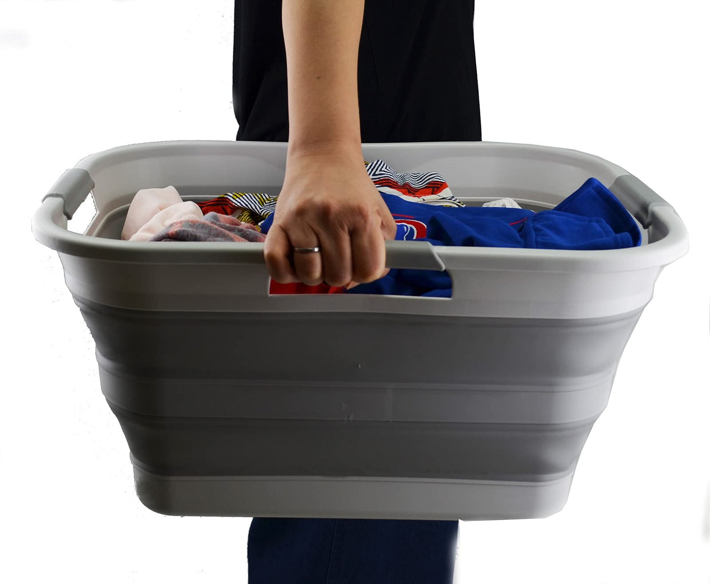 SAMMART 30L Plastic Folding Laundry Basket - Foldable Pop-Up Storage Container/Organizer - Portable Wash Tub - Space-saving Basket (1, Gray)