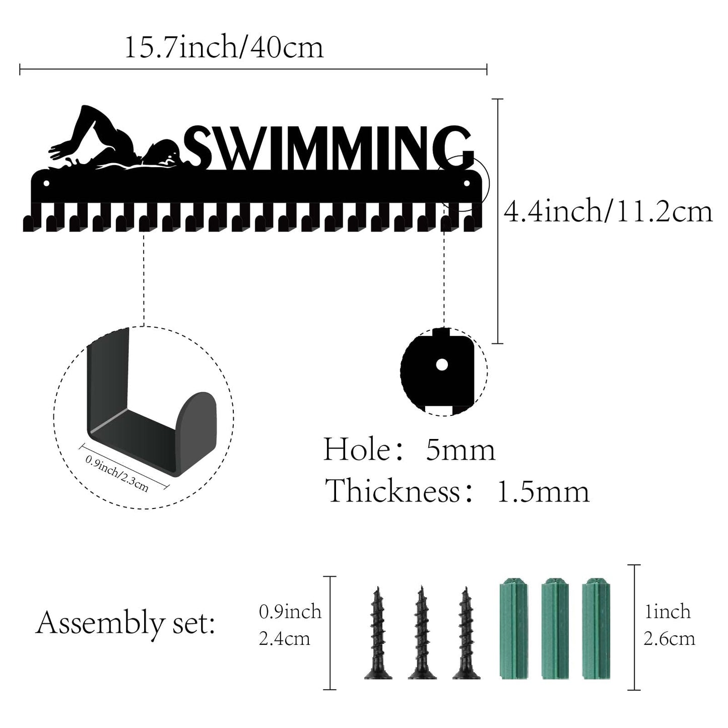 CREATCABIN Medal Holder Display Hanger Rack for Sports like Swimming, with 20 Hooks for Race Runner, Gymnast, Turner. Holds over 60 Medals, Black, 15.7 x 4.4 inches.