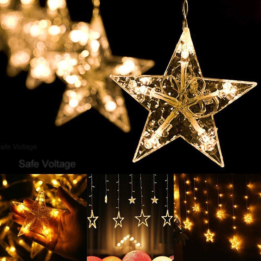 Quntis 138 LEDs 2m 12 Star String Lights Curtain Warm White, Expandable Christmas Lights Indoor Window, IP44 Curtain Lights Power Operated Outside, 8 Modes Christmas Decor for Room Balcony