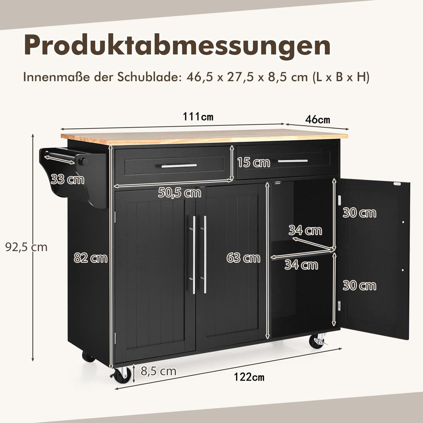 COSTWAY Kitchen Cart on Wheels, Kitchen Serving Trolley with Drawers, Kitchen Island Cart Buffet Cabinet Wood, Kitchen Cabinet with Countertop (Black)