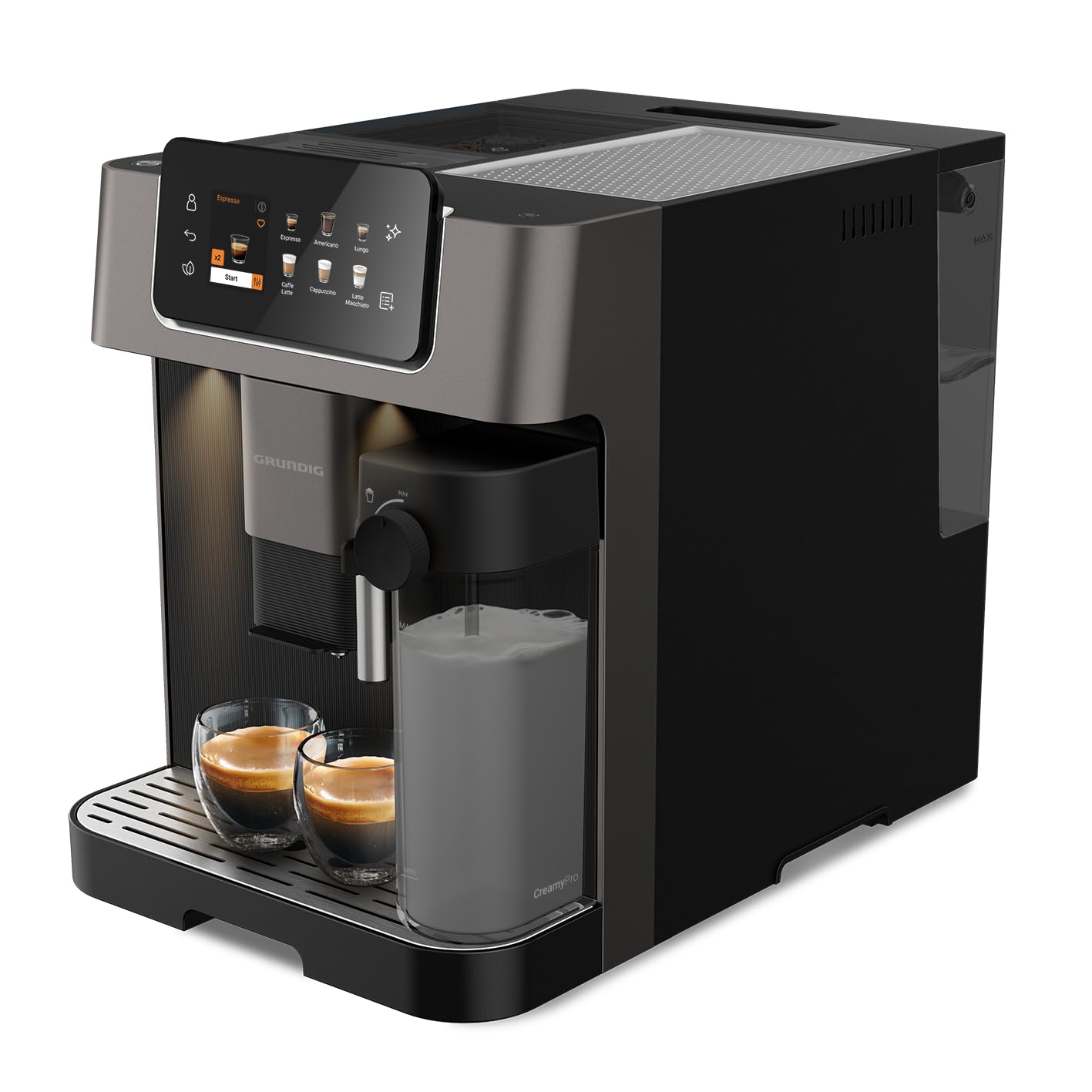 Grundig KVA 8230 fully automatic coffee machine, 18 coffee specialties, 13 grind settings, milk container, powerful 1350 W, 19 bar pump pressure, dual nozzle, lighting, black/dark silver.