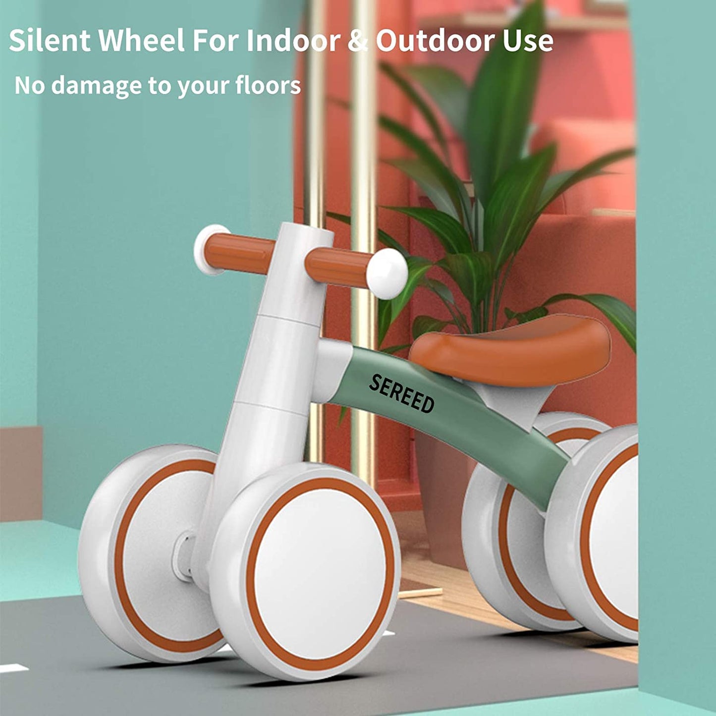 SEREED Kids Balance Bike from 1 year, walking bike toy for 12-24 months baby, first bike without pedals with 4 wheels for boys and girls, toddlers first birthday gift, Green.