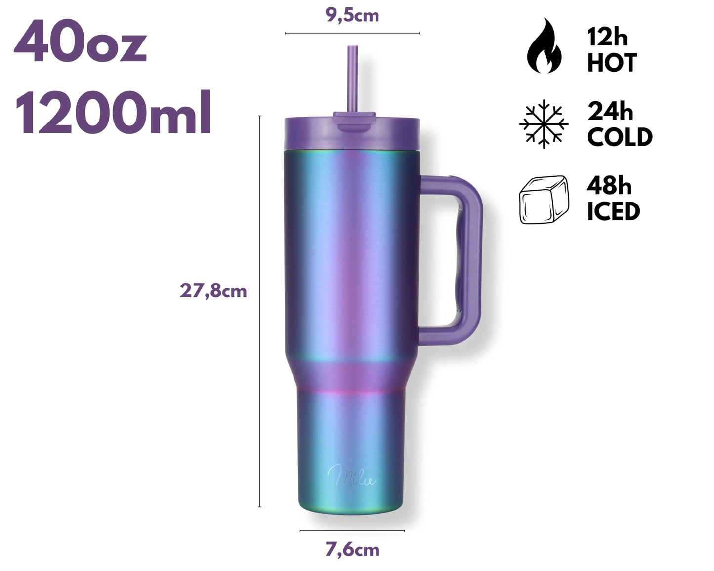 Milu Thermos Cup 1200ml with straw and handle - 48h ice/24h cold/12h hot Stainless Steel Tumbler 40oz with handle - Insulated cup to go - Insulated bottle drinking bottle double-walled insulated (Aurora, 1.2L)