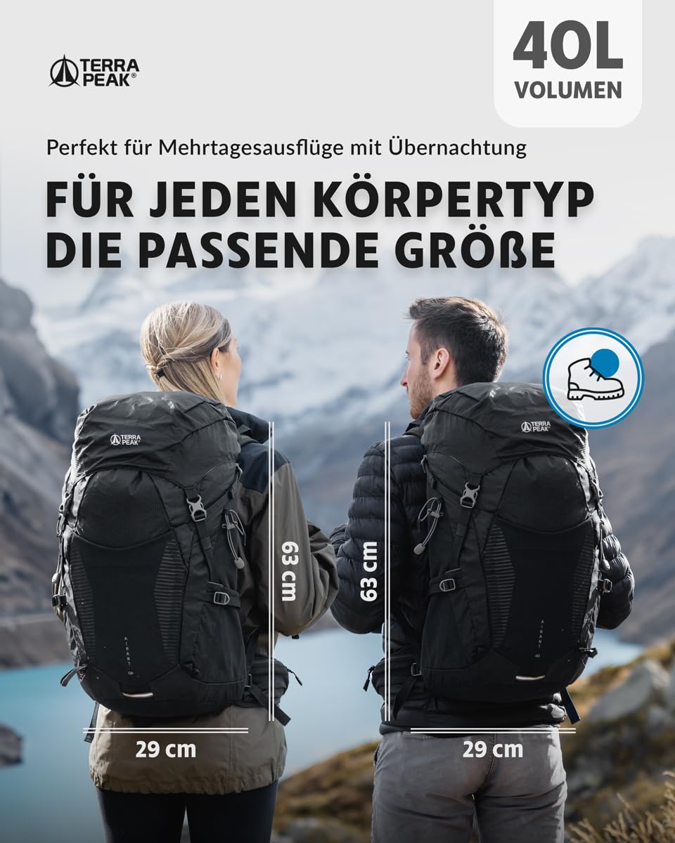 Terra Peak - Hiking Backpack Airant 40 Backpack for Women & Men black large Trekking backpack for hiking and camping with ventilated mesh back and hydration system preparation unisex Backpack lightweight
