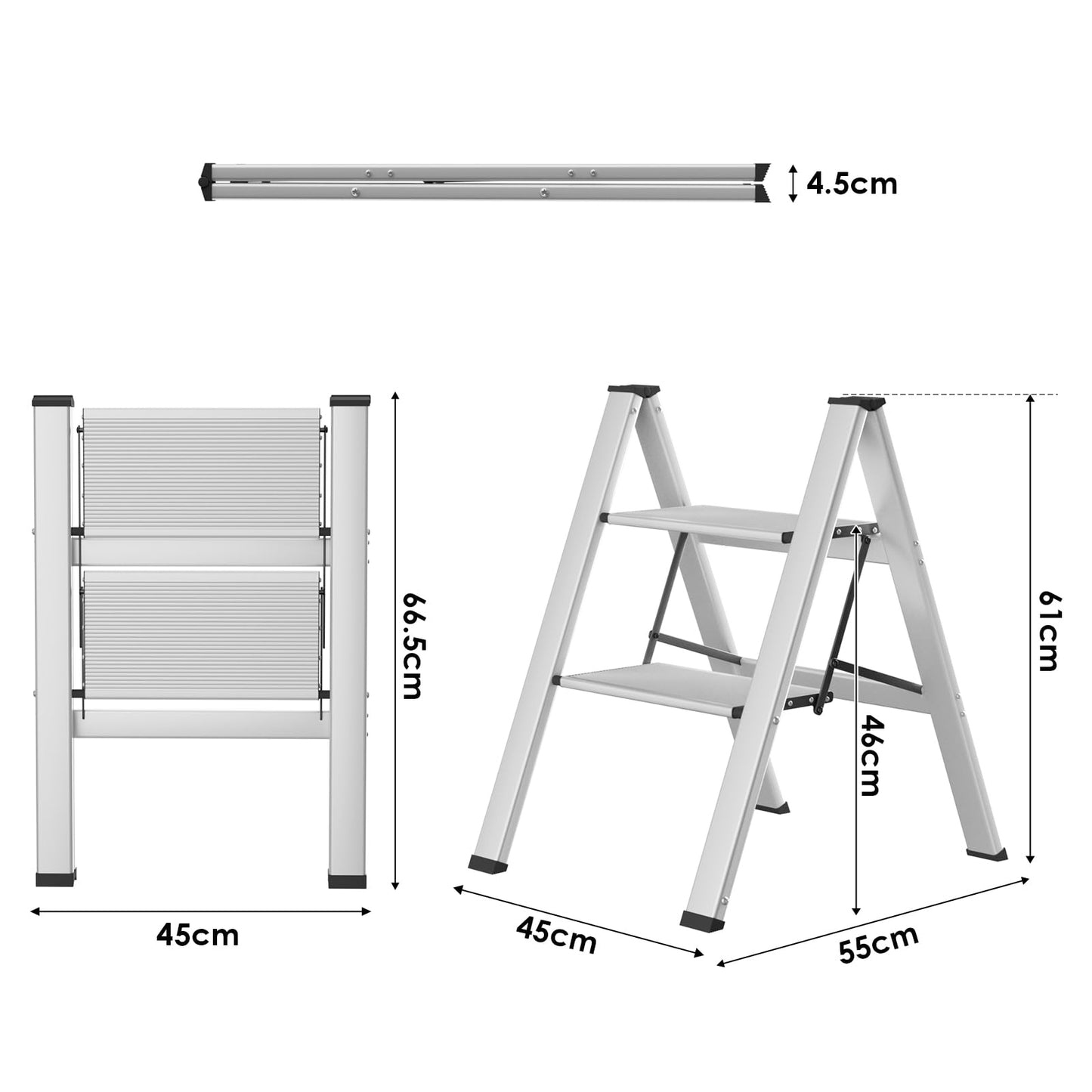 TLGREEN Aluminum Step Ladder 2-Step Folding Ladder Non-Slip Standing Ladder Household Multifunctional Step Stool Easy to Store up to 150kg Capacity for Kitchen Household Outdoor Office Silver