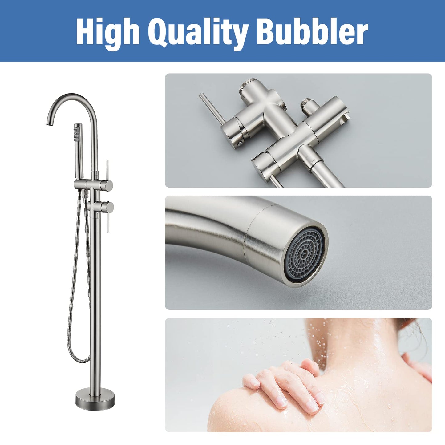 Rozin Freestanding Bathtub Faucet Brushed Nickel Brass Two Handles 360° Rotatable Spout with Hand Shower 150cm Hose Bathroom Tub Faucets