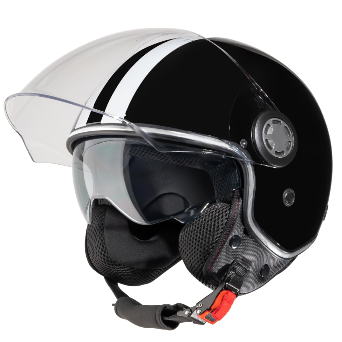 VINZ Parchi Jet Helmet with Dual Visor | Scooter Helmet Fashion Helmet with Stripes | Available in sizes XS-XXL | Jet helmet with sun visor | ECE 22.06 Certified | Motorcycle Helmet with Visor - Black