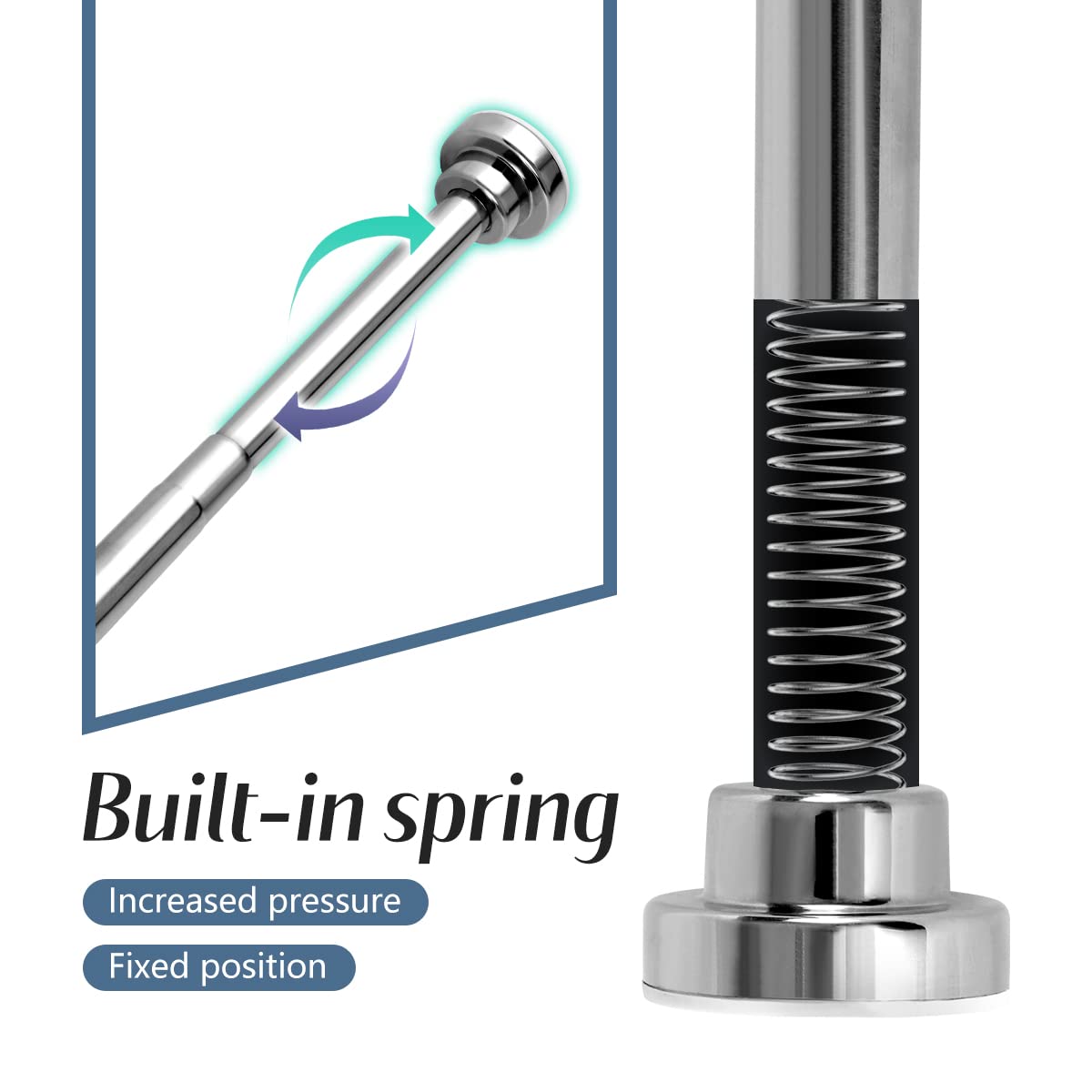 Telescopic stainless steel shower curtain rod 65-100cm, strong hold without drilling, silver clothes rod.