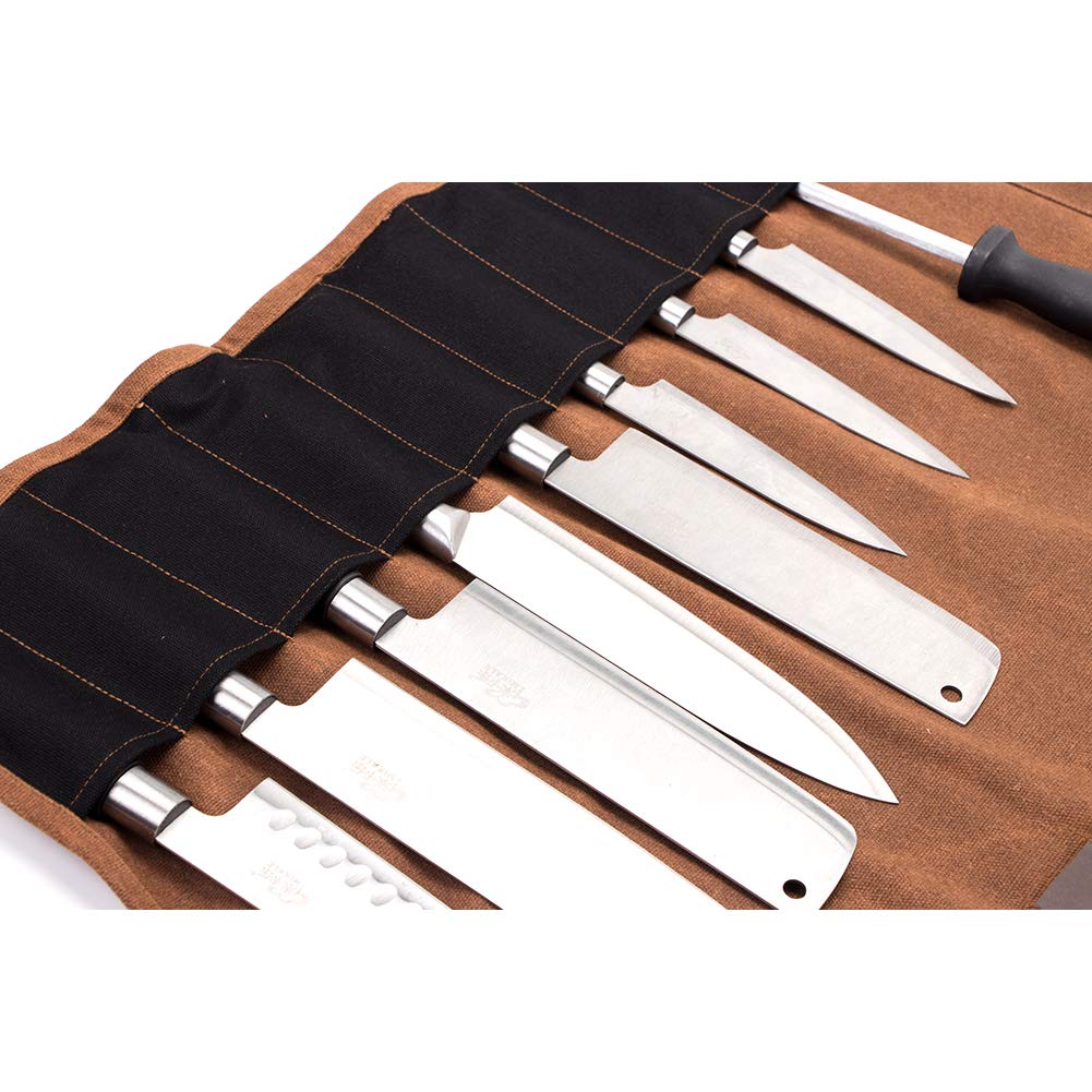QEES Chef Knife Roll Bag 16 Oz waxed canvas waterproof zipper tool bag 15 slots kitchen gadgets small knives display storage bag gift for dad husband