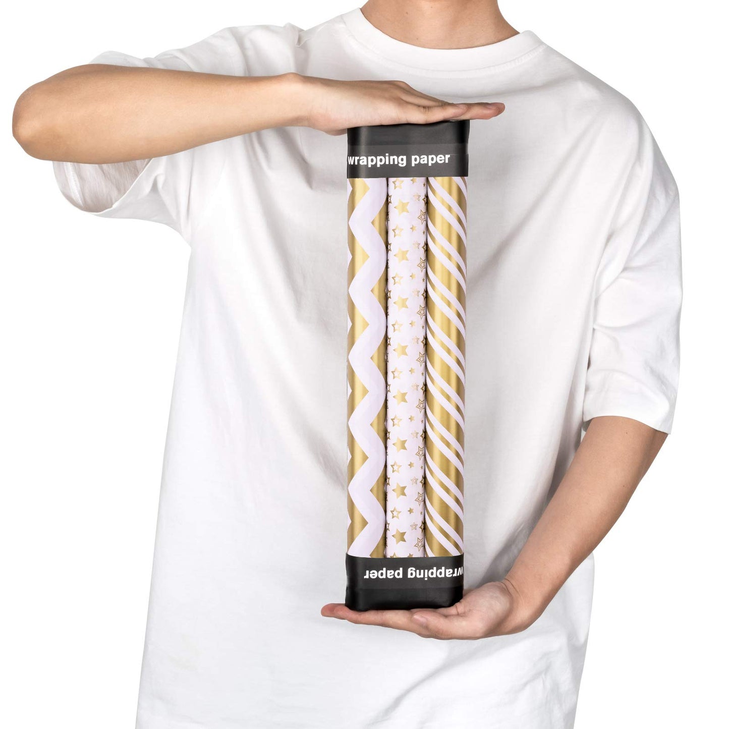 RUSPEPA Gift Wrap Roll - Mini Roll - 43.2 cm x 3.05 m per roll - 3 Different Gold Print Designs (42.5 Sq.Ft. Total)