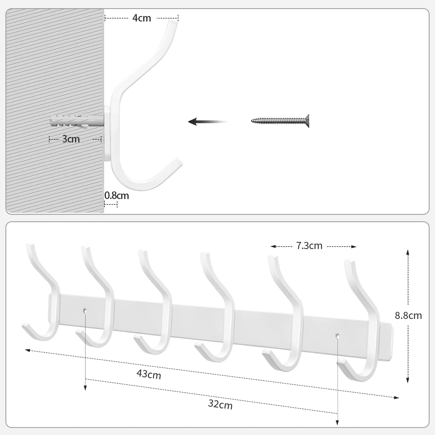 MEIJO stainless steel coat hooks, hook rail with 6 hooks, coat rack wall mounted for bedroom bathroom kitchen (White, 6 hooks 2 pieces)