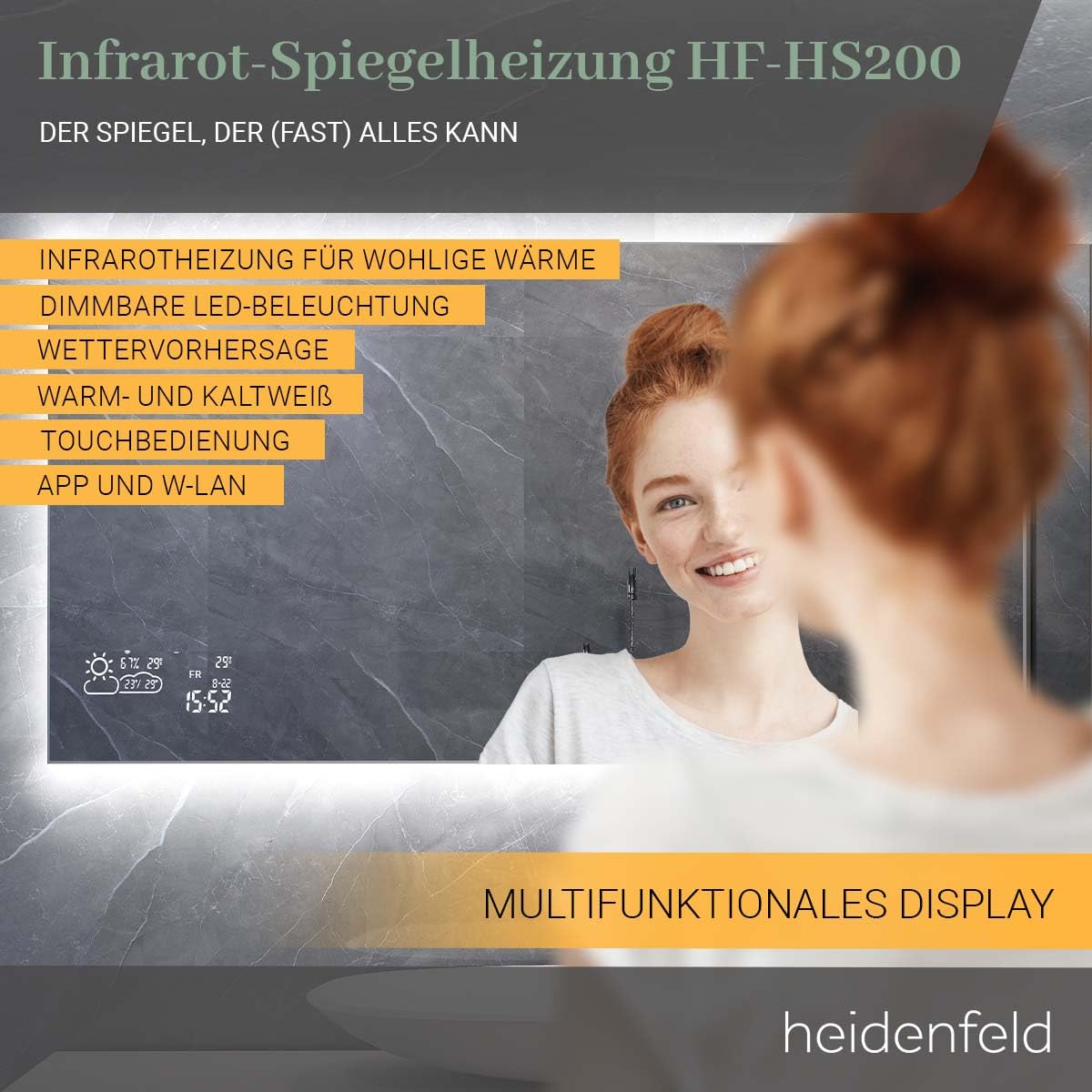 Heidenfeld Infrared Heater Mirror | HF-HS200 with touch panel - 10 level temperature control - 350 watts - 100 x 60 cm - WiFi bathroom mirror - infrared heating mirror - wall heater