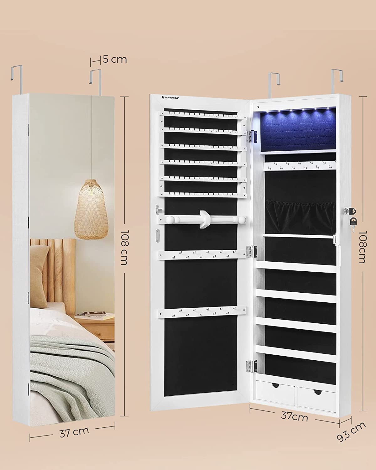 SONGMICS Jewelry Cabinet with Full-Length Mirror, Jewelry Storage with 6 LED Lights, Hang on Door or Mount on Wall, Large Capacity, 2 Drawers, White JJC99WT