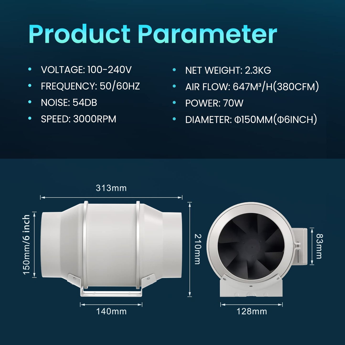 HG Power Pipe Fan 150mm Adjustable, 647m³/h Exhaust Fan with Speed Controller 110-240V Quiet Inline Duct Fan Energy Saving Bathroom Vent Fan for Kitchen Bathroom Garage