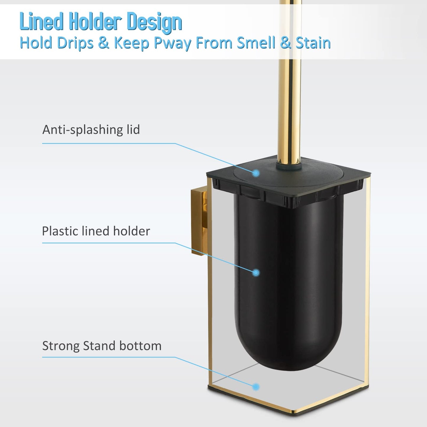 304 stainless steel, square, gold toilet brush holder