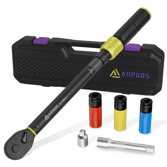 ANPUDS Torque Wrench 1/2", 20-220Nm Automotive & Motorcycle Torque Wrench 6-pc. Set with 125mm Extension Bar, 1/2"-3/8" Adapter, 3 Sockets 17mm 19mm 21mm, for Tire Replacement.