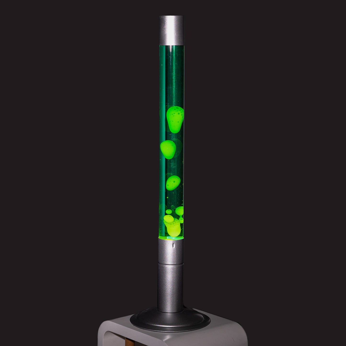 FISURA - Large yellow lava lamp. XXL lava lamp with silver base, green liquid, and yellow lava. Floor lamp 20x20x75 cm.