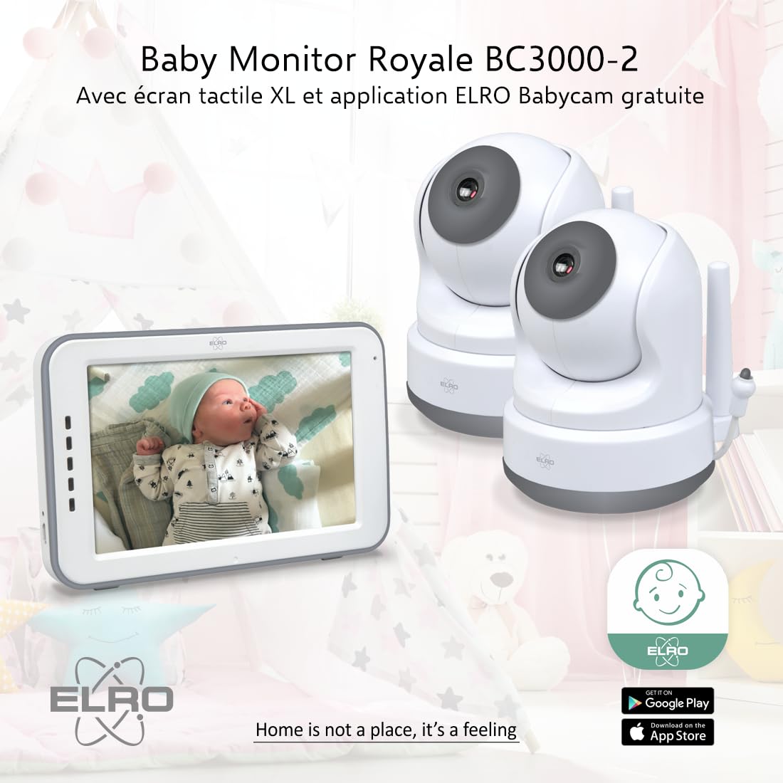 ELRO BC3000-2 Baby Monitor Royale with 12.7 cm touchscreen monitor HD and app with extra camera, 1 unit (1 pack)