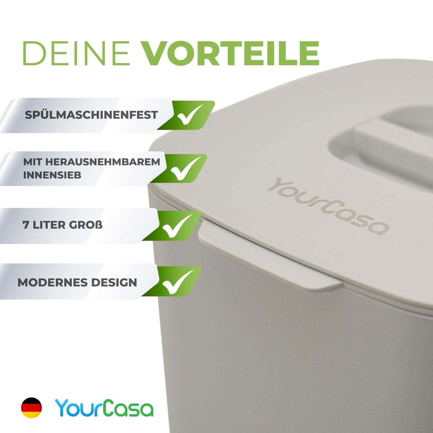 YourCasa kitchen compost bin - 7L - for everyday organic waste - dishwasher safe - odor-proof - sieve - small bio bin with lid organic waste container compost bin (beige)