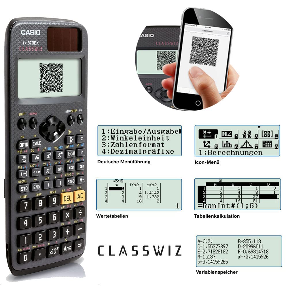 Casio ClassWiz FX-87DE X - technical scientific school calculator (593 functions, QR code function, LCD display) black