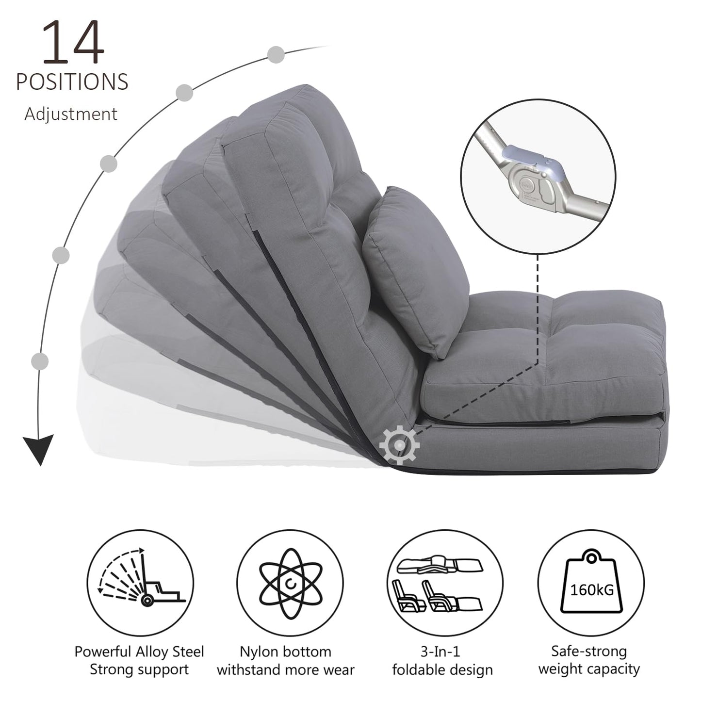 FLOGUOOR floor chair with backrest, floor sofa 14 level adjustable, floor seat up to 150kg load capacity, floor sitting cushion (8823) Gray