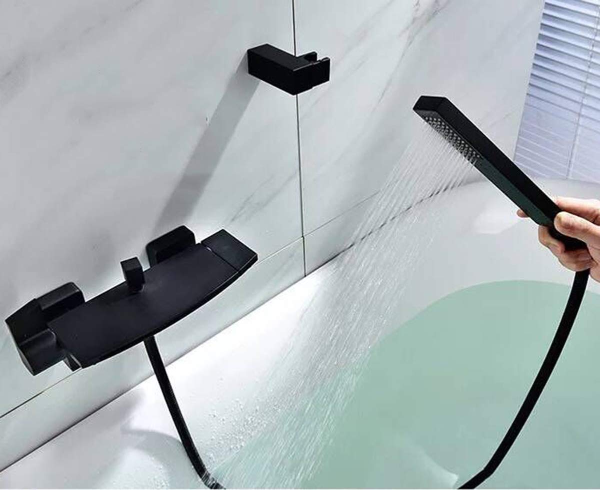 Black bathtub faucet with hand shower, shower systems, waterfall spout, wall mount, single lever mixer faucet for bathroom shower.