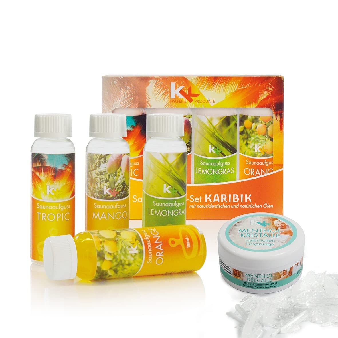 Sauna Set | KK Sauna infusion set 4 x 100 ml + 50g menthol crystals | Sauna concentrate + menthol crystals (Caribbean), incl. 50 g menthol crystals)