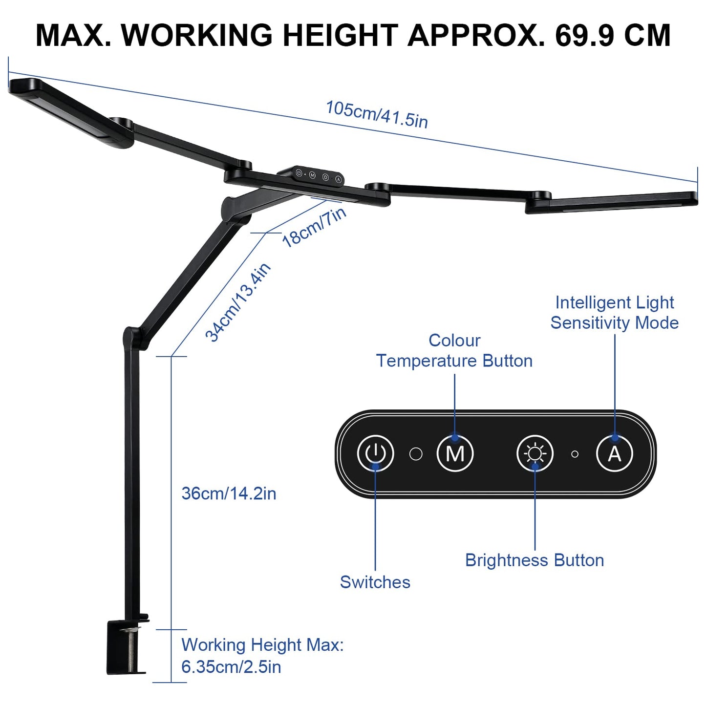 Lightess LED Desk Lamp Dimmable 105cm 24W Clip-on Double Head Desk Lamp Touch Table Lamp Monitor Light 5 Color Temperature Brightness Levels Daylight Lamp for Architects Home Office