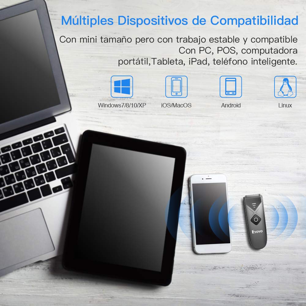 Eyoyo 2D QR barcode scanner, 1D mini barcode reader with 3-in-1 USB cable/Bluetooth/2.4G wireless connection for iOS, Android, tablets, and PC.