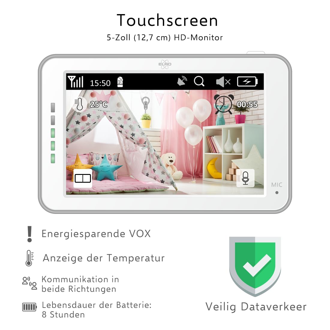 ELRO BC4000 Baby Monitor Royale Full HD baby monitor with 12.7 cm touchscreen and app