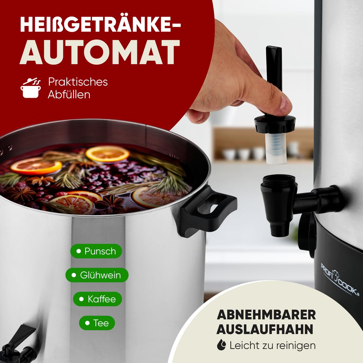 ProfiCook® 2in1 Hot Beverage & Canning Appliance | 32L Tank | Keep Warm Function | Timer | 2100W | 30°C - 100°C | Stainless Steel Canning Pot | Hot Beverage Dispenser with Tap | PC EKA 1283