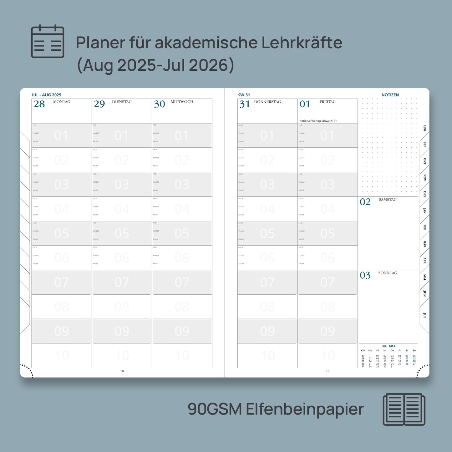 POPRUN Teacher Planner 2025 2026 A4 - Teacher Planner 25/26 for lesson planning with Monthly Index. School planner with PU Leather Hardcover for teachers - Olive Green.