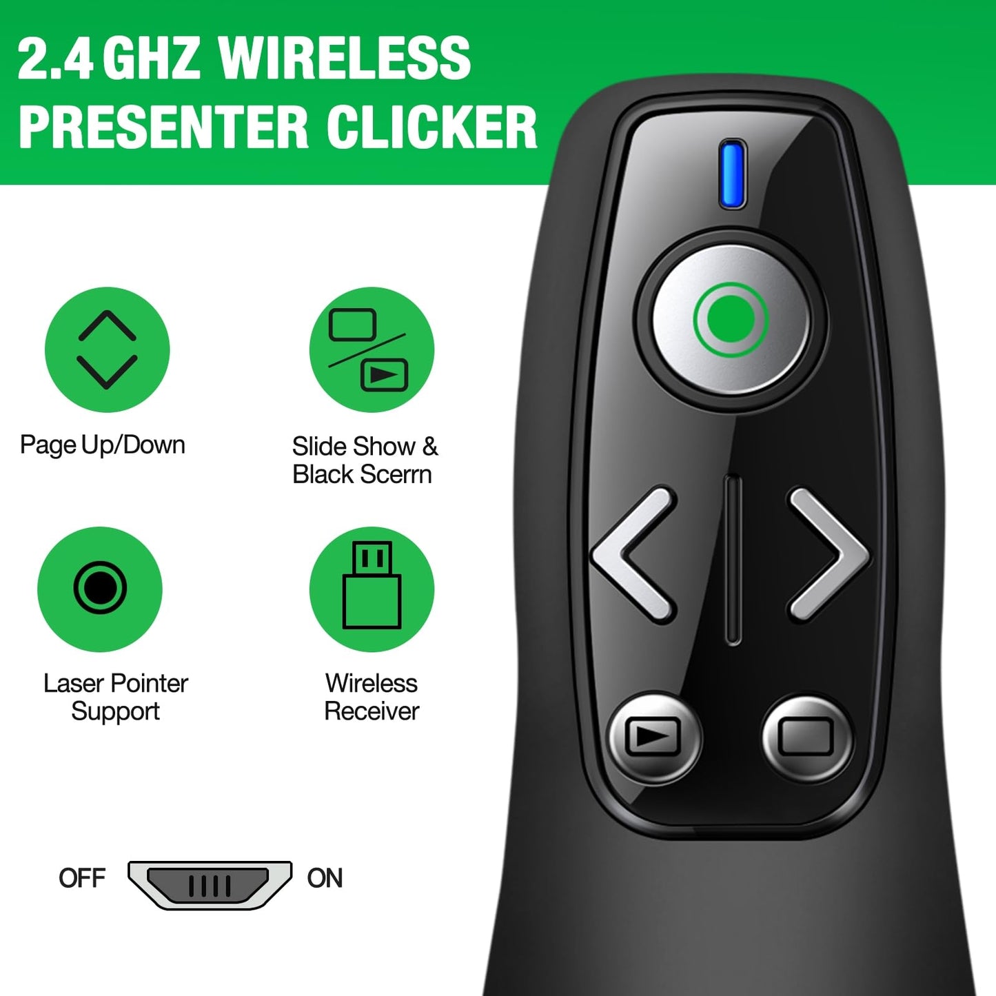 HELLCOOL Green USB C Presenter, 2.4 GHz Wireless PowerPoint Remote with USB C Receiver, Pointer for Presentations, Presentation Remote for Windows/Mac/PowerPoint/Keynote/Google Slides