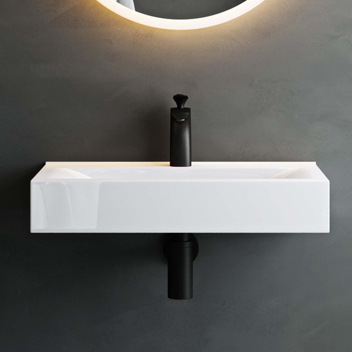 May & May Ceramic White Wall-Mounted washbasin sink with nano-coating/lotus effect. Rectangular dimensions: 61x31x10cm, weight: 118g.
