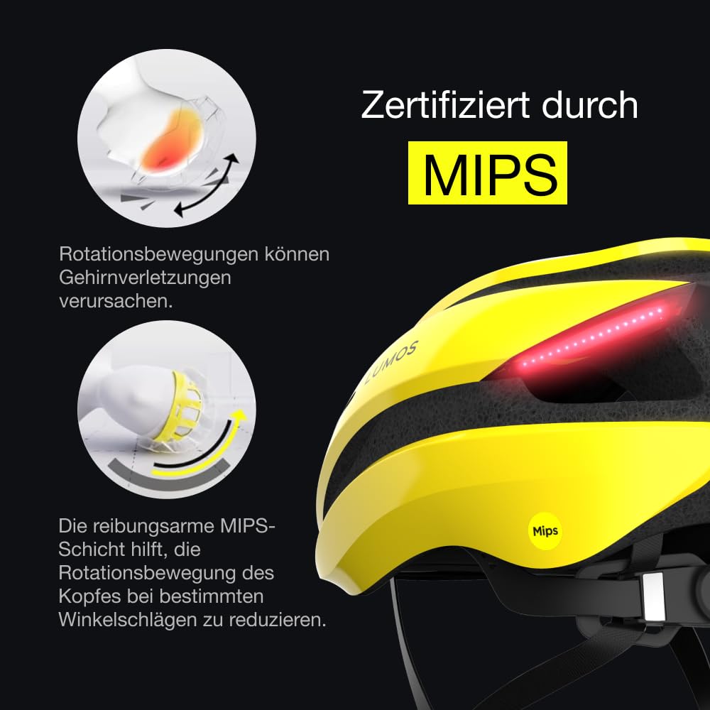 Lumos Ultra Smart Helmet | Bike helmet | Front and rear lights (LED) | turn signals | brake lights | Bluetooth connectivity | Adults: Men, Women (Raincoat Yellow, Size: M-L) MIPS