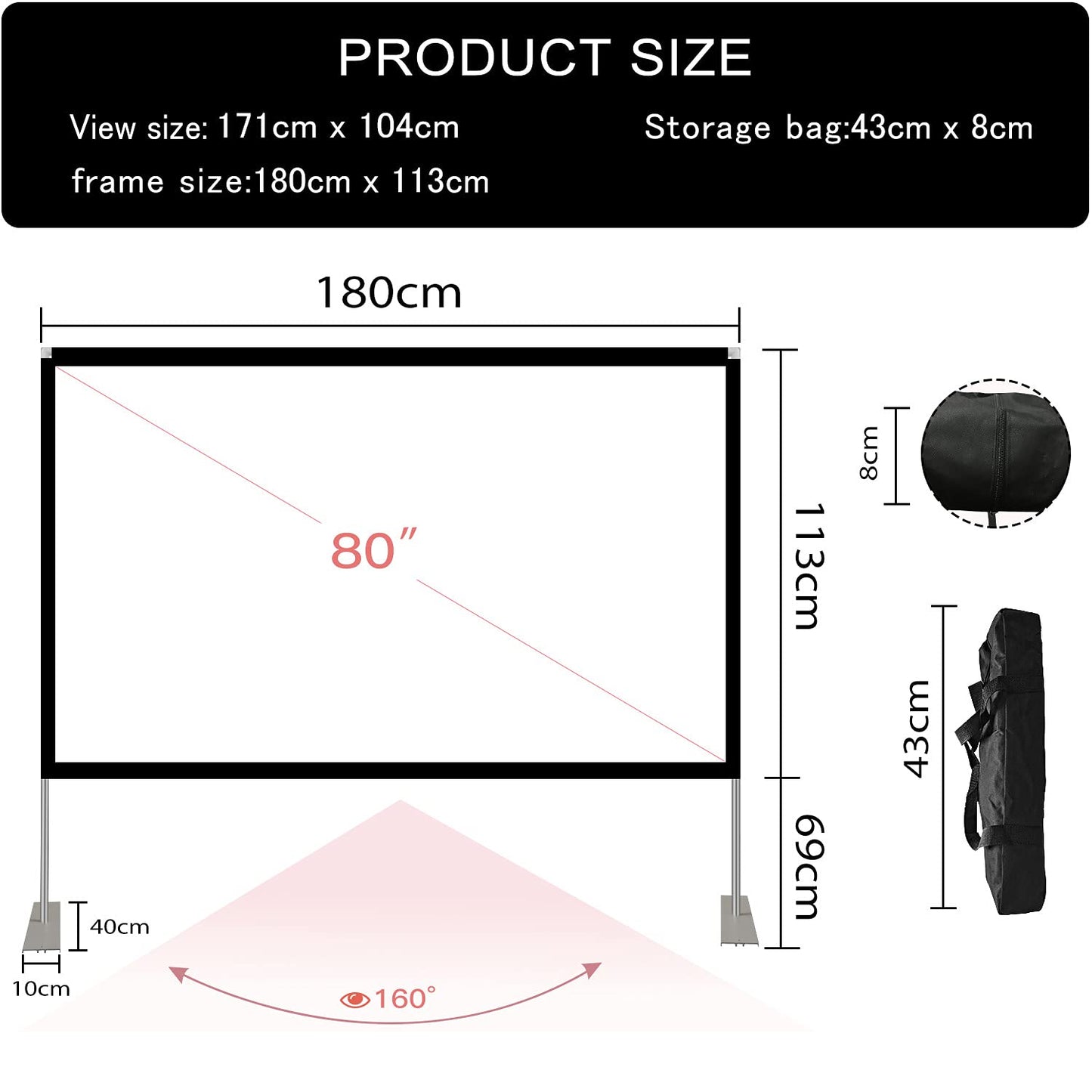 Projection screen with stand 80 inch HD 4K outdoor indoor projector screen Quick folding portable movie screen 16:9 Full set bag for home theater, camping, and leisure events.