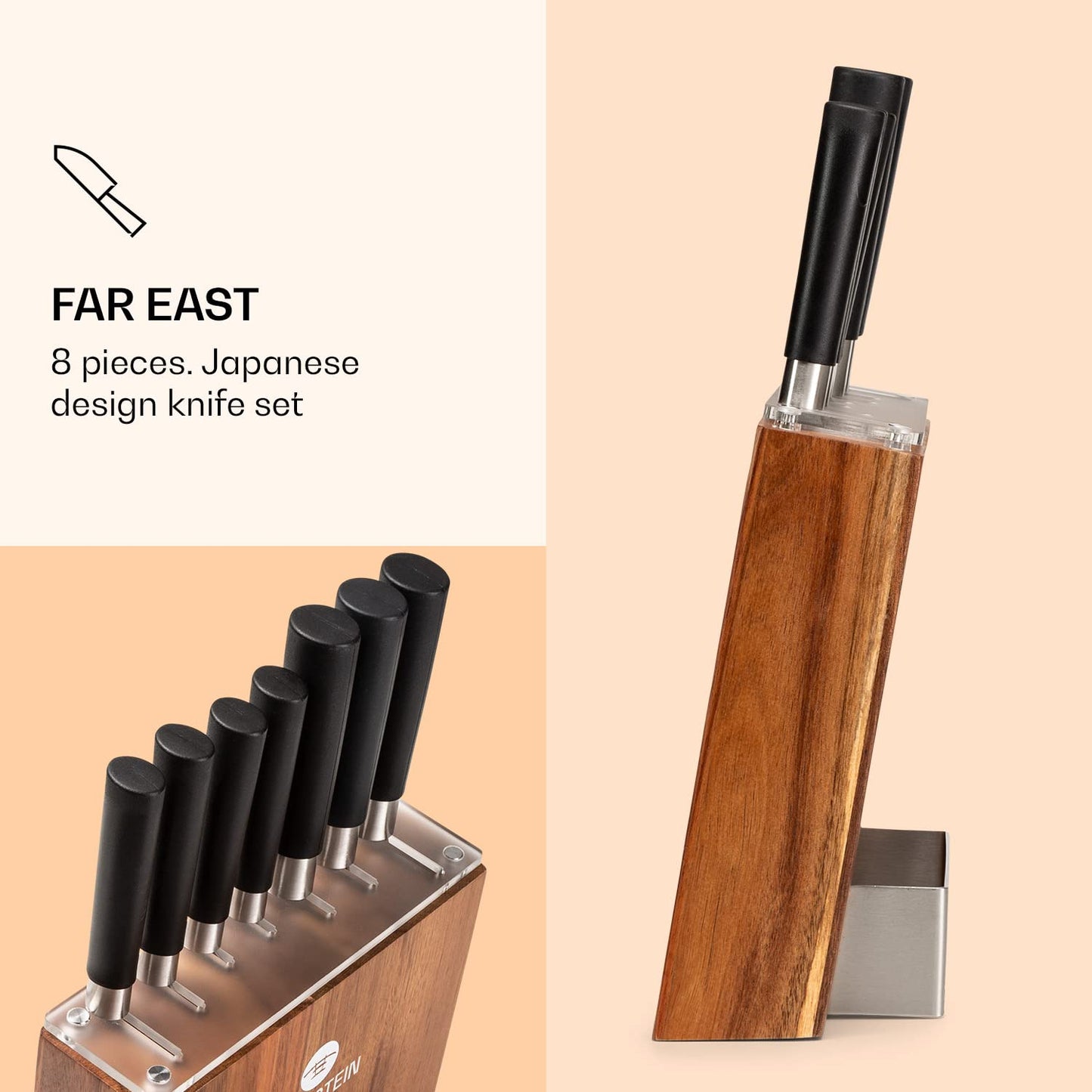 Klarstein knife block with 7-piece set, 7 kitchen knives & wooden block, sharp steel, scratch-resistant, Japanese-inspired knife set with block for professional chefs.